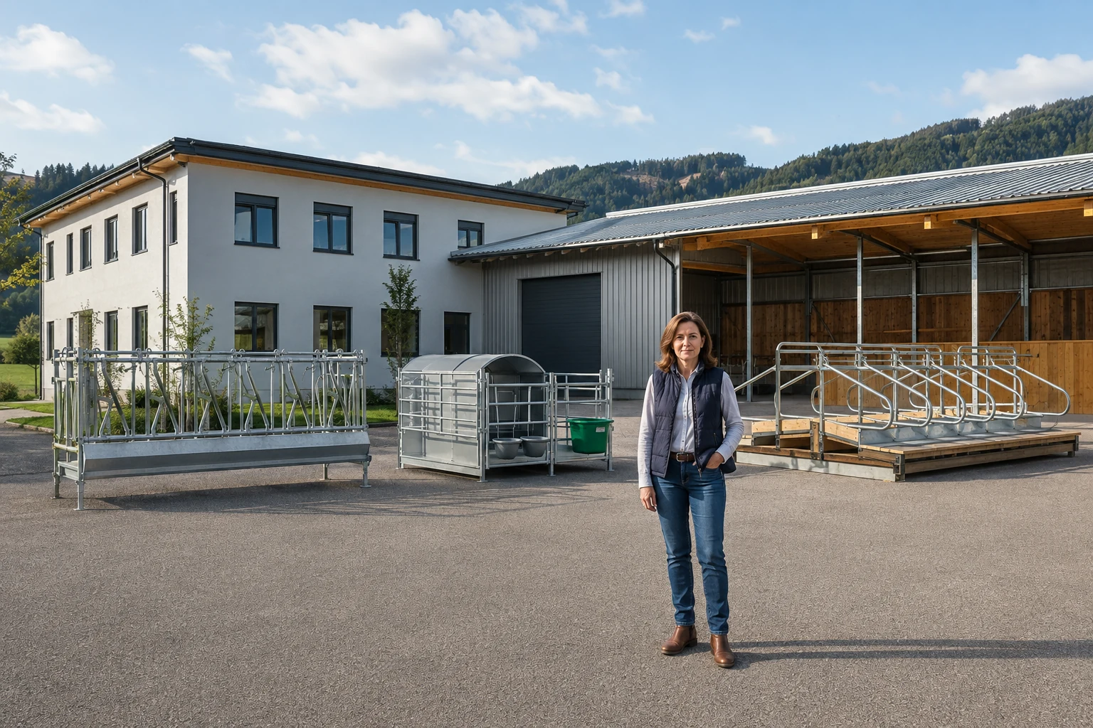 Frau vor einem Betriebsstandort mit ausgestellten Stalleinrichtungen