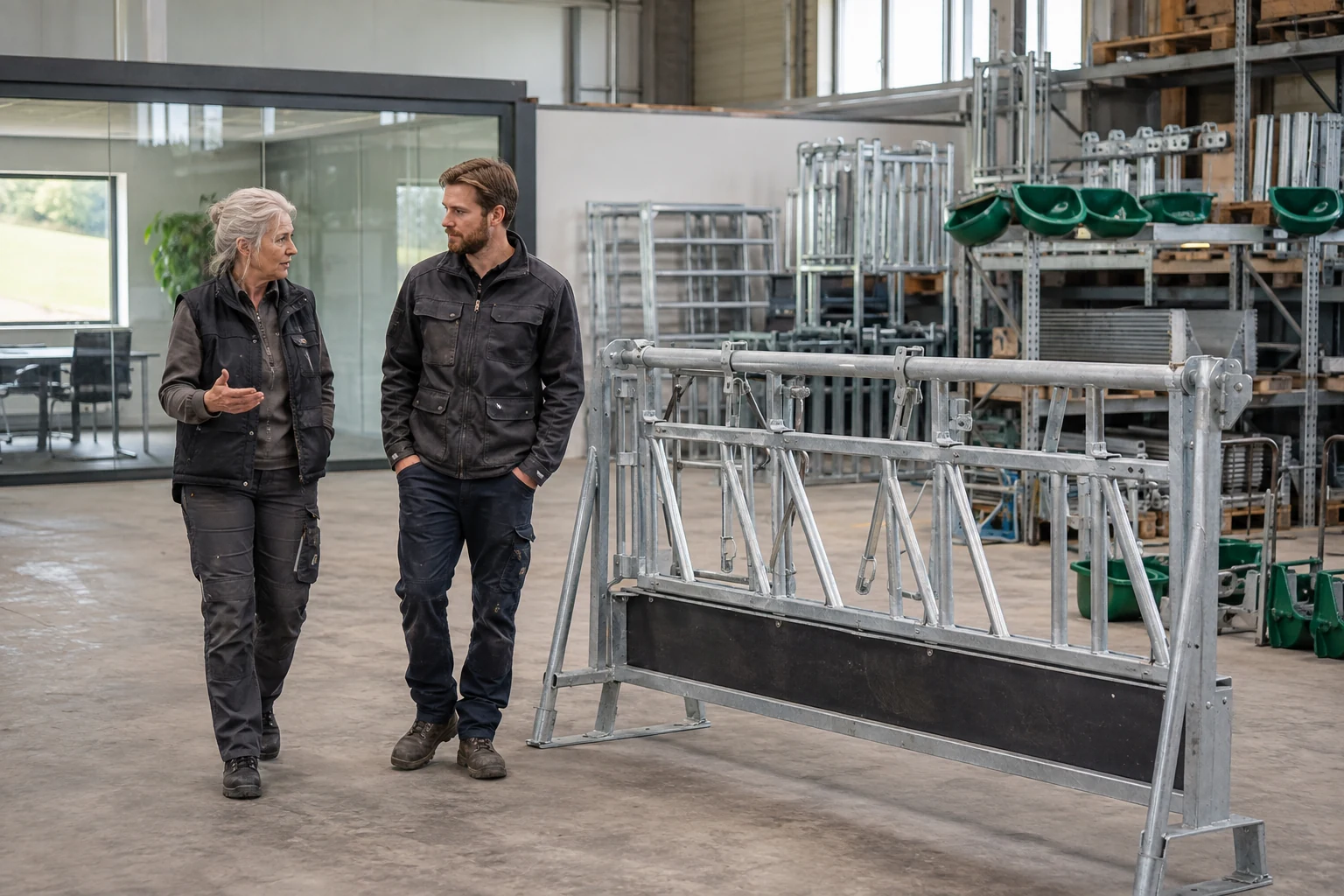 Zwei Personen gehen durch eine Halle mit ausgestellten Stalleinrichtungen